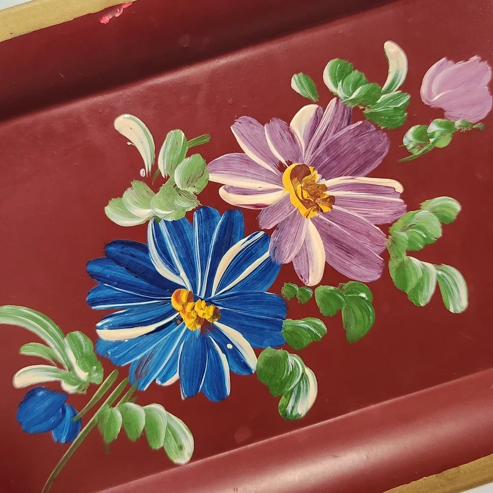 4 Vintage Hand‎ Painted Floral Metal Trinket Tray Green Red Gold Folk Art Trays